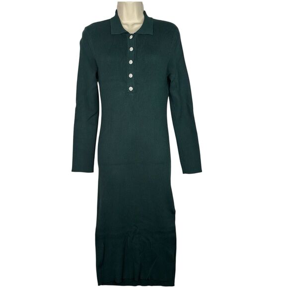 House of Harlow 1960 Ribbed Knit Polo Sweater Dress Green Sz L Long Sleeve Midi - Picture 1 of 11
